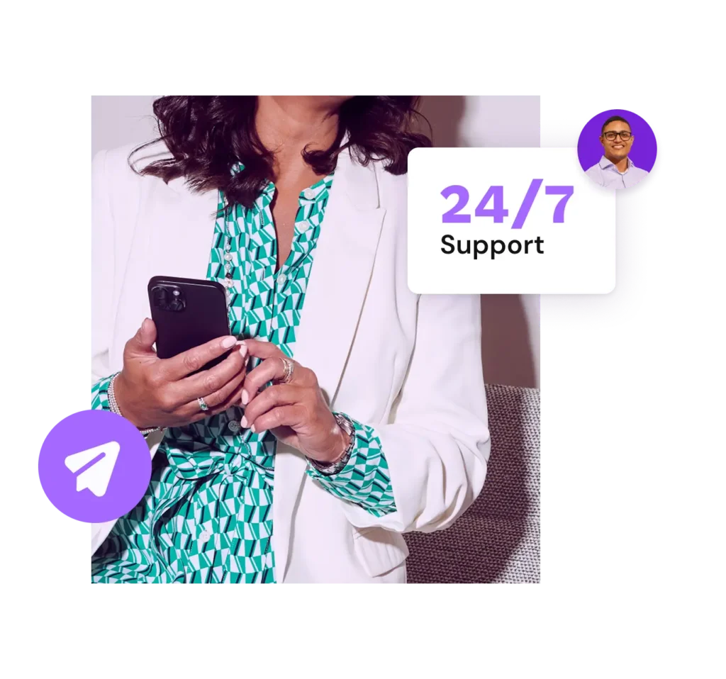 A person holds a phone. Text says "24/7 Support." Icons show a paper airplane and a small profile picture.