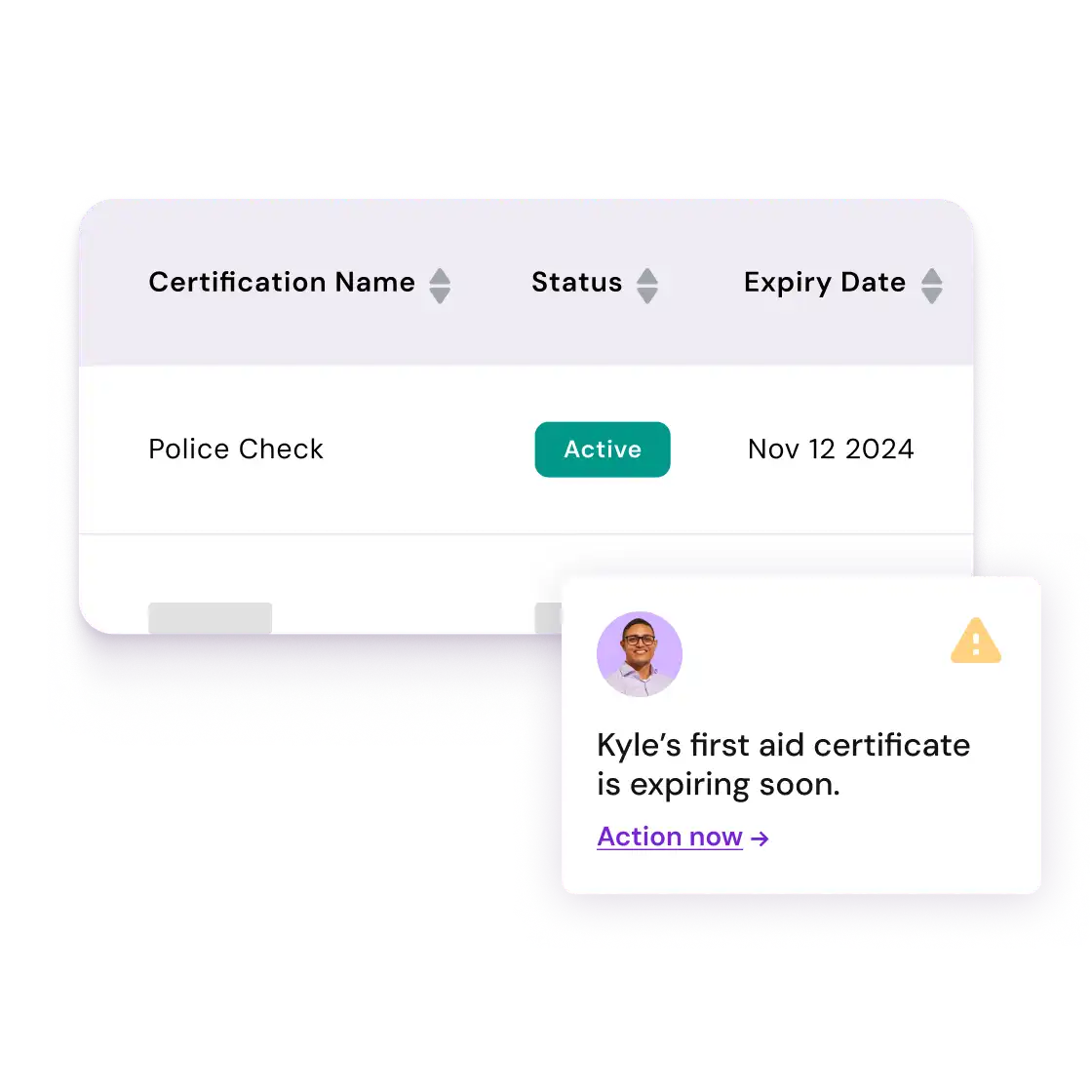 Table lists "Police Check" certification, status "Active," expiring Nov 12, 2024. A notification warns Kyle's first aid certificate is expiring soon.