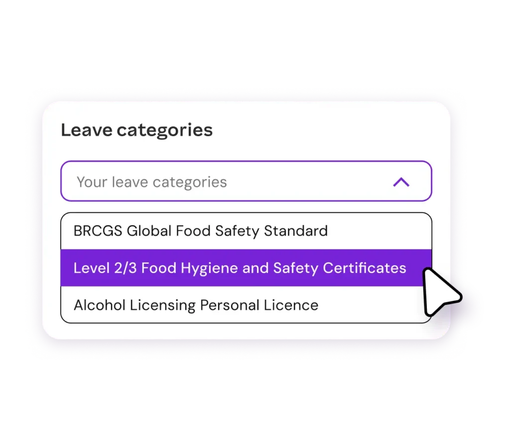 Dropdown menu titled "Leave categories" with options for food safety and licensing certificates. A cursor hovers over "Level 2/3 Food Hygiene and Safety Certificates."
