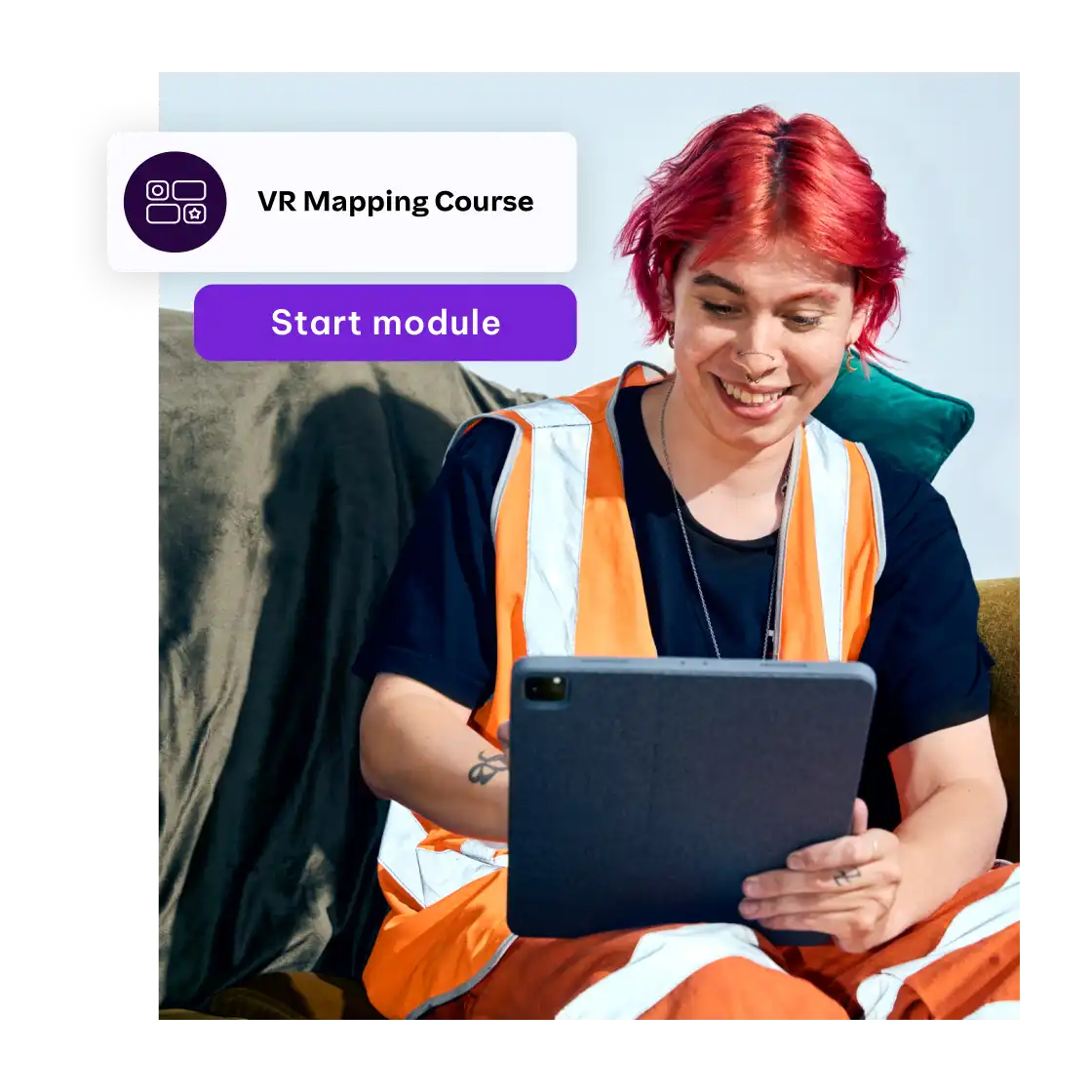 A person with red hair, wearing an orange safety vest, smiles while holding a tablet. Nearby is a "VR Mapping Course" button labeled "Start module."