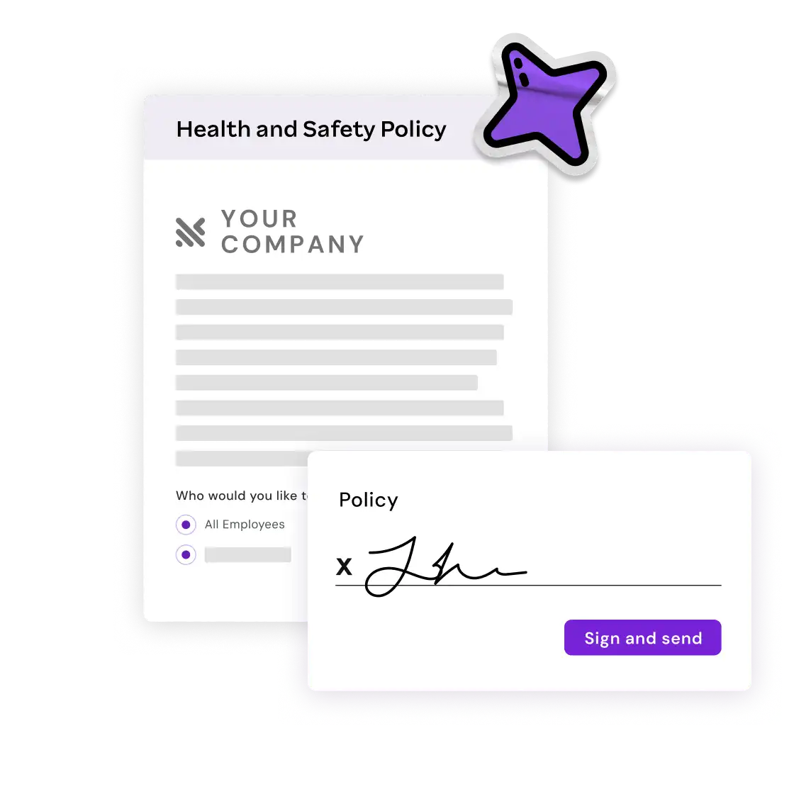 Alt text: "Illustration of a Health and Safety Policy document with 'Your Company' header. A signature card with 'Policy' and a purple 'Sign and send' button overlays it. A purple star icon adds emphasis."