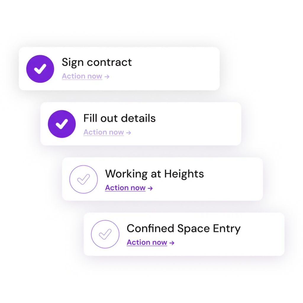 Stacked checklist cards with purple checkmarks read: "Sign contract," "Fill out details," "Working at Heights," "Confined Space Entry" with "Action now" links.