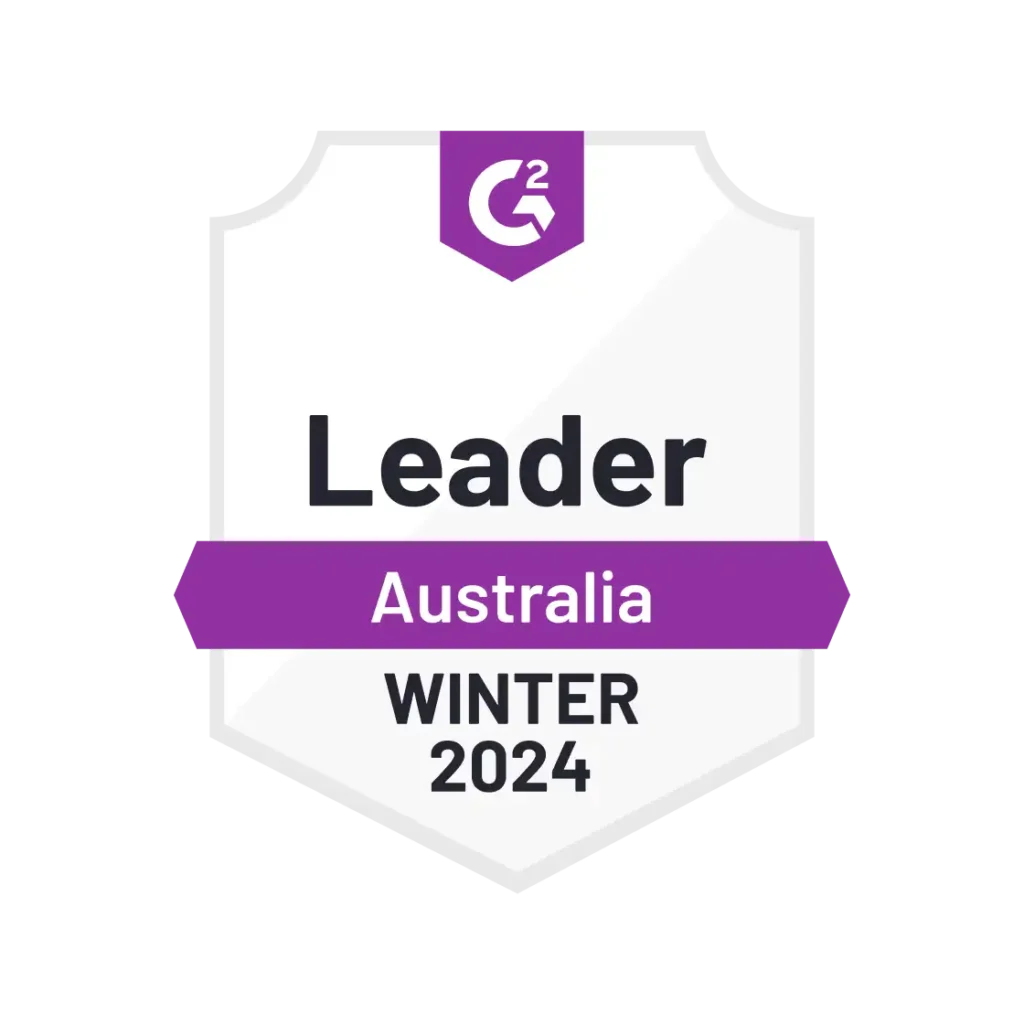 Alt text: "Badge with G2 logo; labeled 'Leader' in bold, with 'Australia' on a purple ribbon below. Text reads 'Winter 2024' at the bottom."