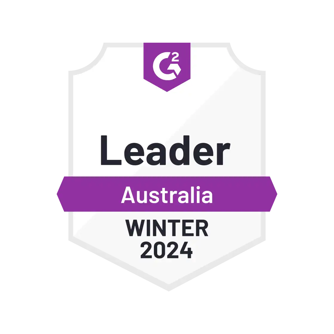 Alt text: "Badge with G2 logo; labeled 'Leader' in bold, with 'Australia' on a purple ribbon below. Text reads 'Winter 2024' at the bottom."