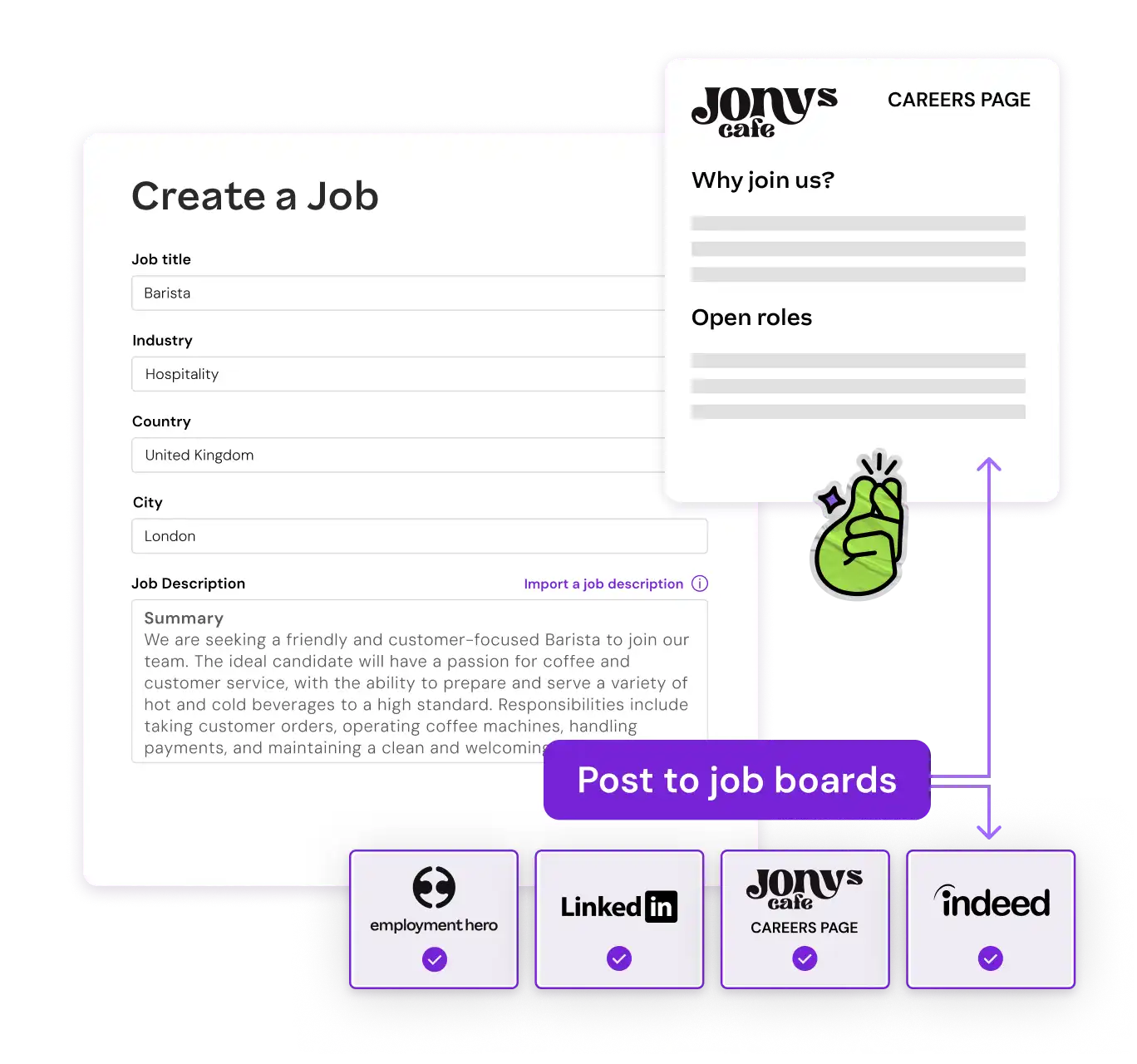 Alt text: "Job posting interface showing details for a barista position in London. Icons for posting to multiple job boards are linked below with a 'Post to job boards' button. A thumbs-up icon conveys approval."