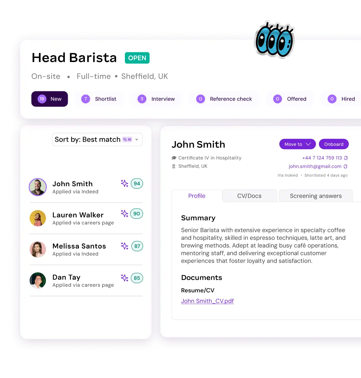 Alt text: Job recruitment interface for a "Head Barista" position in Sheffield, UK. Features candidate profiles with scores, focusing on John Smith's detailed information.