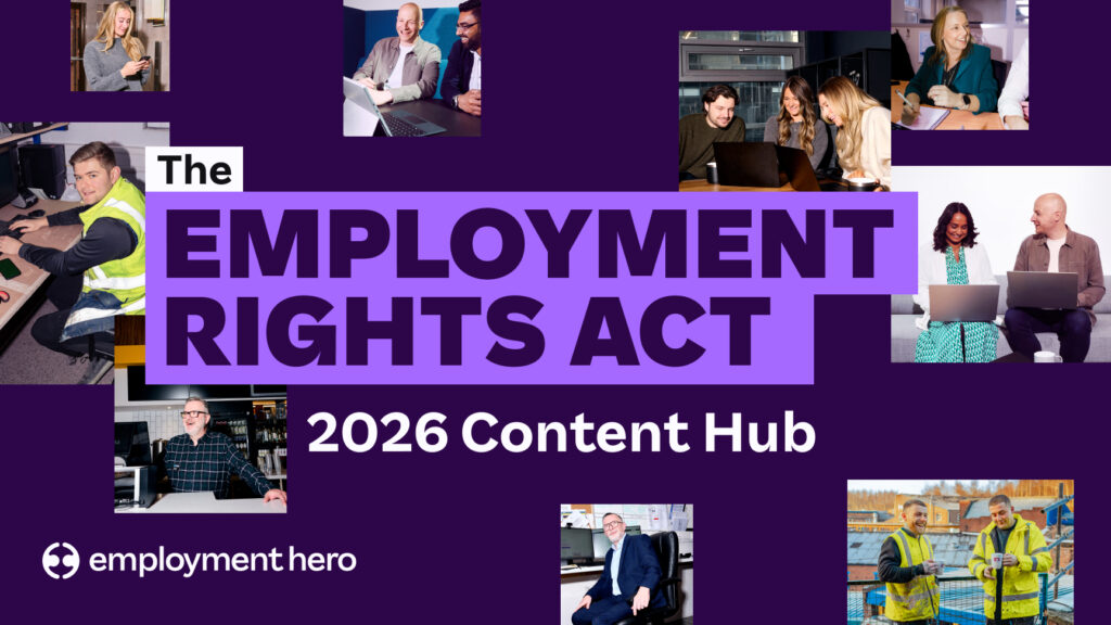Collage image titled "The Employment Rights Act 2026 Content Hub" by Employment Hero. Features diverse professionals engaged in work-related activities.
