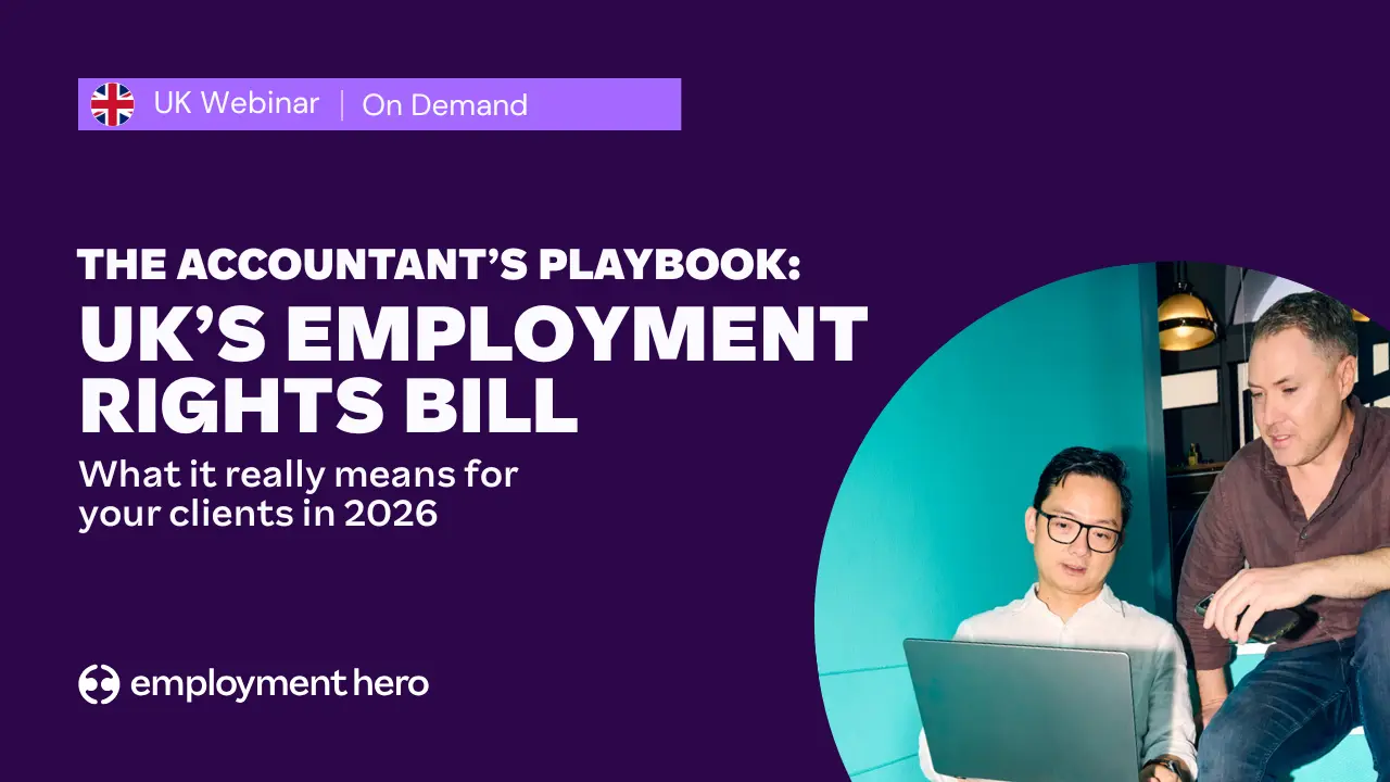 Webinar banner titled 'The Accountant’s Playbook: UK’s Employment Rights Bill'. Features two men collaborating on a laptop against a teal backdrop. Tone: Informative.