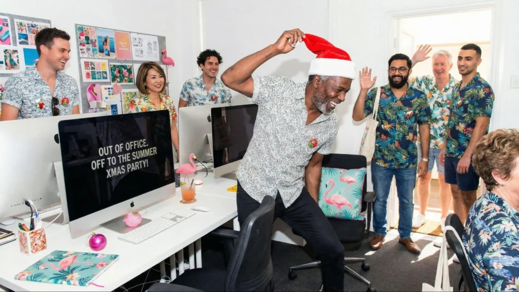 A group of diverse colleagues in tropical shirts celebrating a summer office holiday party, with one man dancing with a Santa hat.