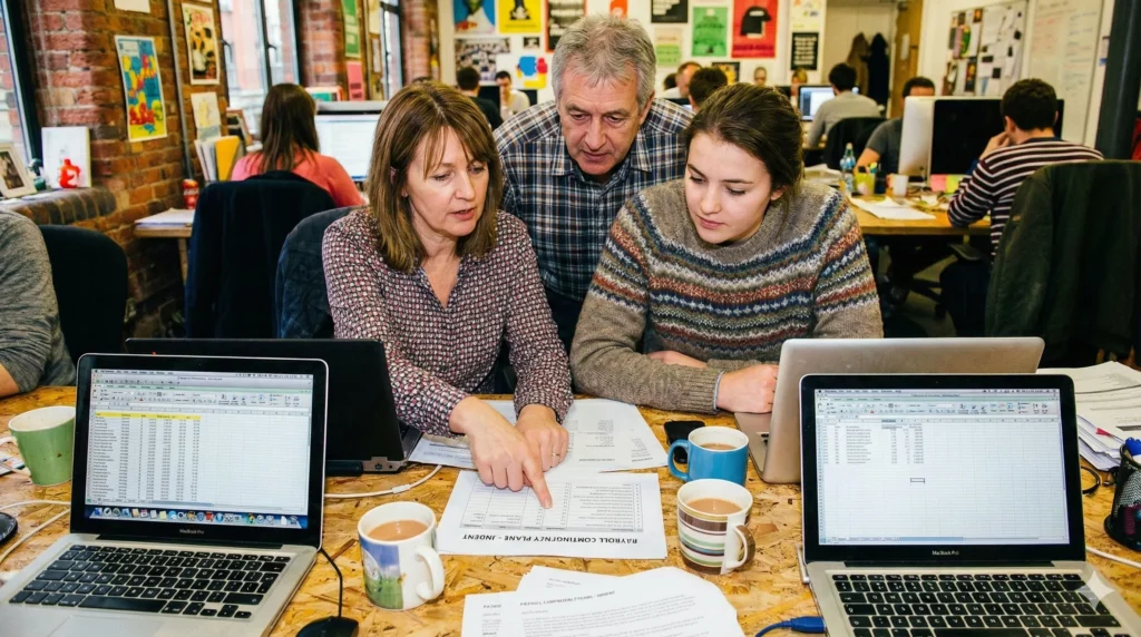 Team reviewing payroll contingency plan and spreadsheets in informal office meeting