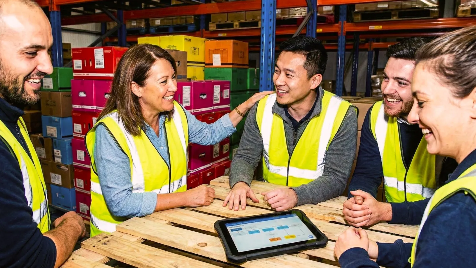 A group of diverse warehouse workers in safety vests smiling and looking at a tablet together.
