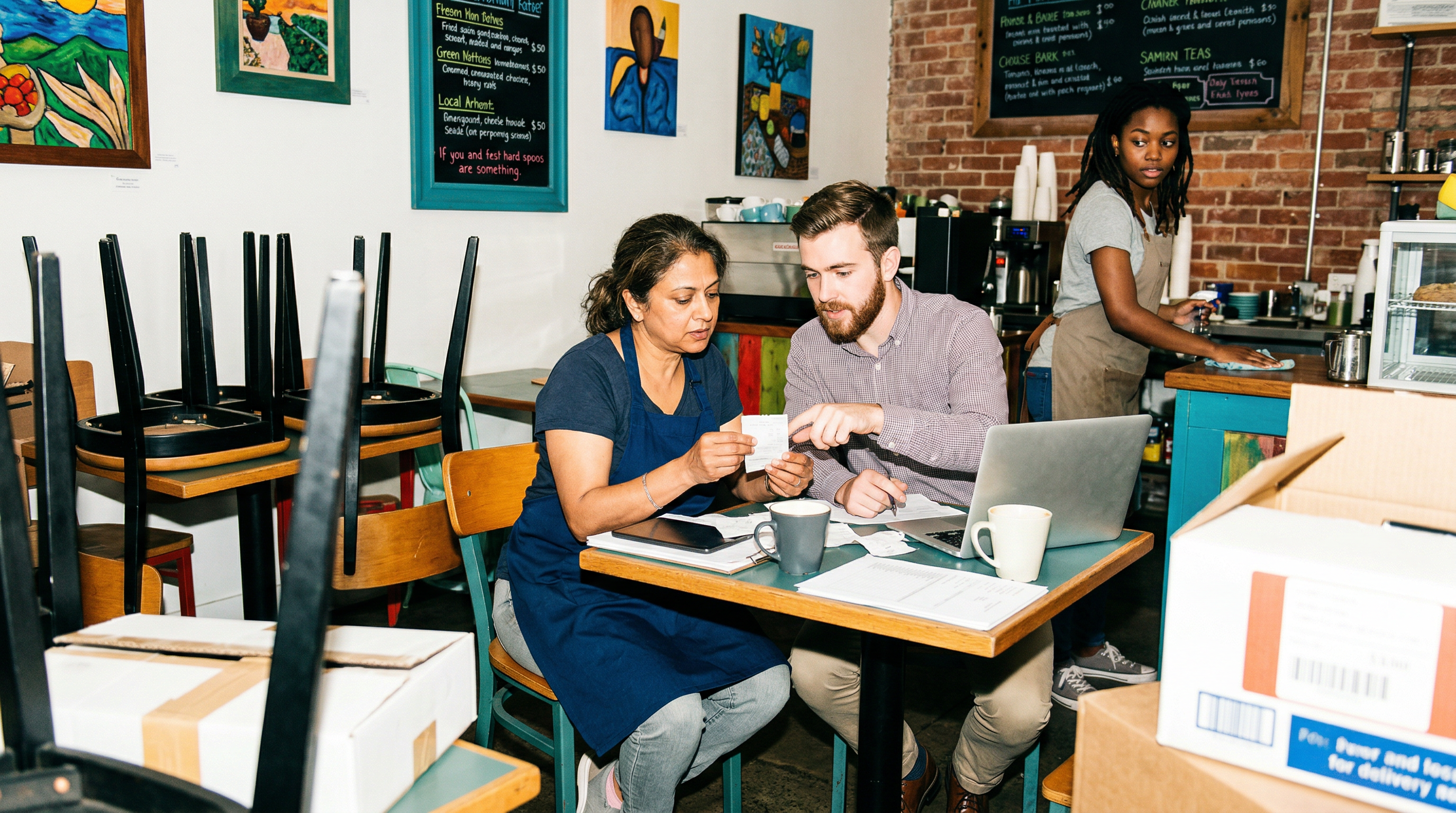 Gemini said A business consultant and a cafe owner sit at a table in a cafe, reviewing a receipt and paperwork next to an open laptop. In the background, a staff member cleans a counter near a brick wall and chalkboard menu