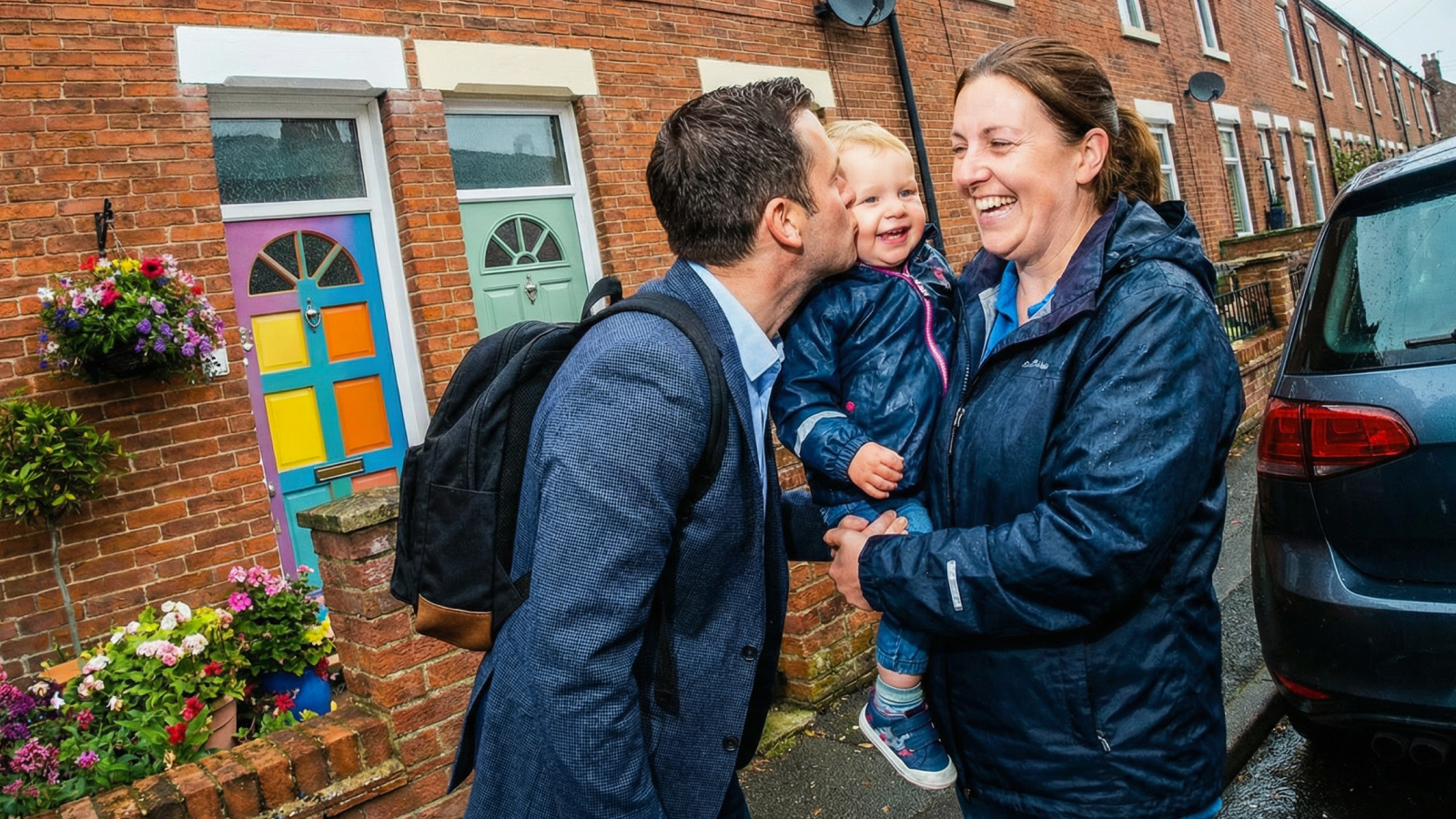 A father kisses a toddler held by a smiling mother in front of brick terraced houses with a colorful, multi-paneled door.