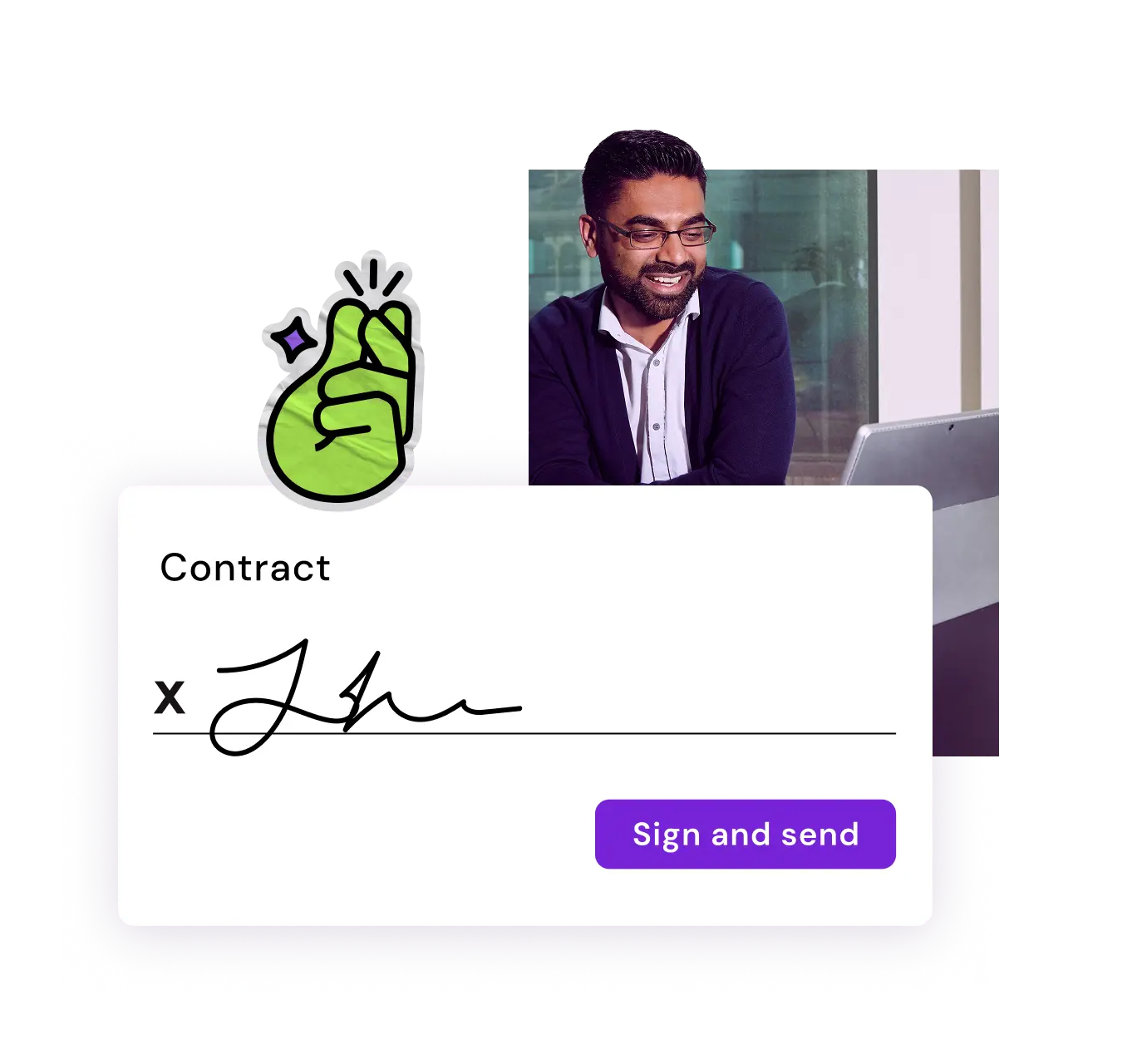 An illustrated image related to contracts. On the right, a smiling man with a beard and glasses sits in front of a laptop, overlaid with a purple rectangle. In the foreground, a white contract card displays "Contract", a signature line with the signature "John", and a purple button labeled "Sign and send". Above the card, a green sticker of snapping fingers has a purple diamond.