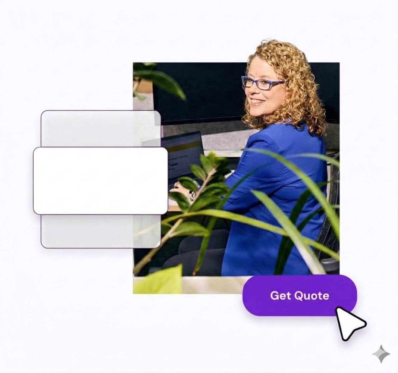 An illustrated image about quotes. A smiling woman with curly blonde hair and glasses sits at a computer, overlaid with a purple rectangle.