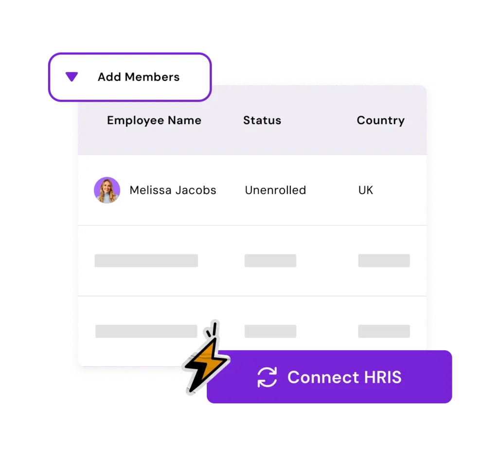 An illustrated dashboard view. A purple-bordered card at the top left says "Add Members". Below is an employee table with columns for "Employee Name", "Status", and "Country". One entry features a photo and name "Melissa Jacobs", "Unenrolled" status, and "UK" country. Two other entries are represented by grey blocks. A purple button at the bottom right says "Connect HRIS". Above the button, a sticker of an orange lightning bolt has a dark blue shadow.