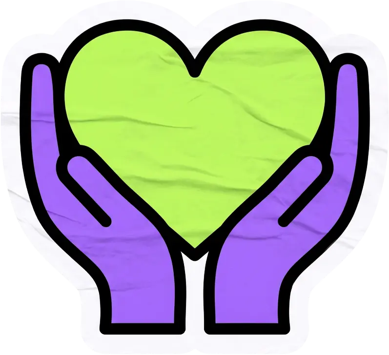 Two purple hands gently cupping a lime green heart.