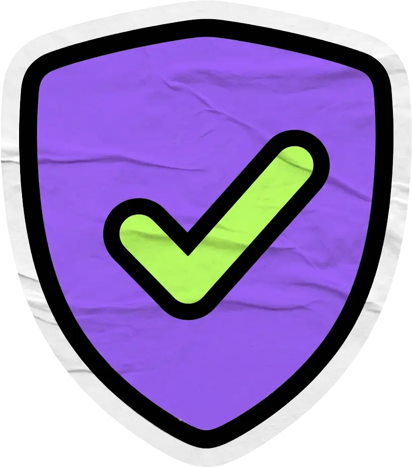 A purple shield icon featuring a lime green checkmark in the center.