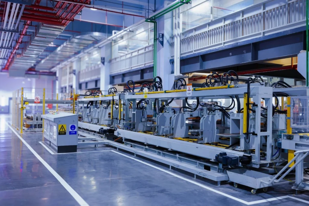 Modern factory interior with automated machinery on a shiny floor. Overhead pipes and safety signs highlight technology and efficiency.