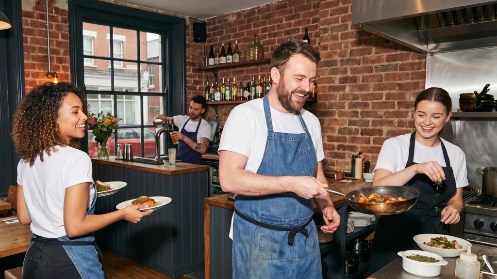 A team of chefs working together to prepare food in a busy restaurant kitchen