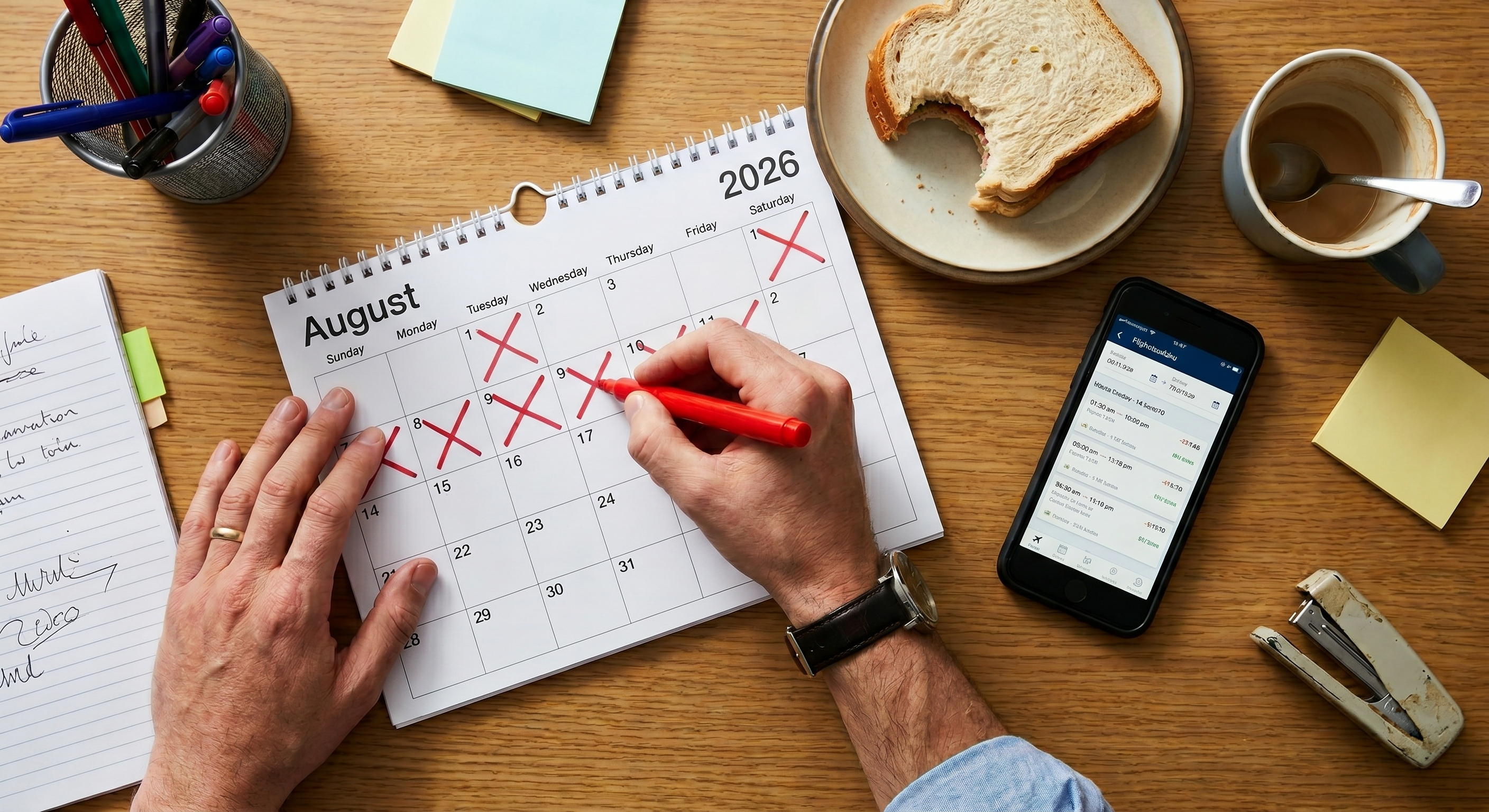 A person planning their UK bank holiday annual leave strategy, using a red marker to cross out days on an August 2026 desk calendar. The wooden desk also holds a smartphone displaying flight options, a coffee cup, and a sandwich