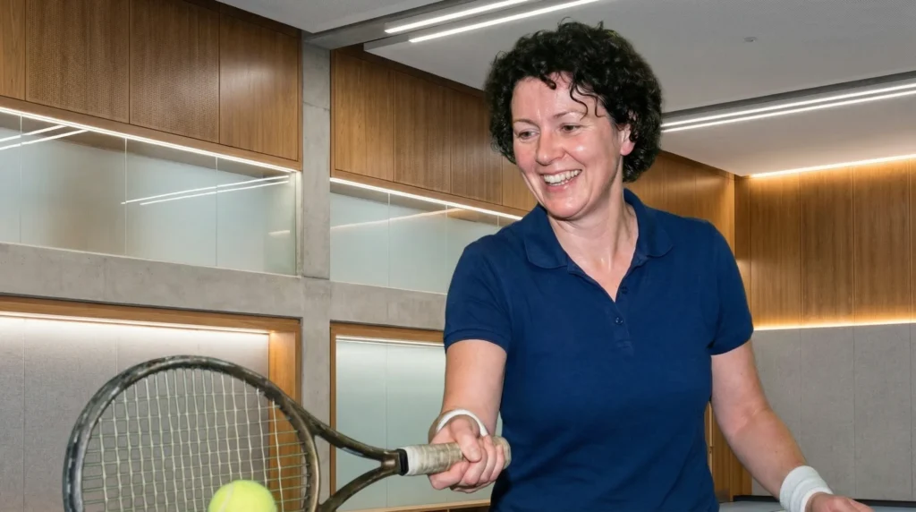 A smiling female professional playing tennis indoors, representing active lifestyles and how comprehensive health insurance and wellness perks have become the number one retention tool for UK SMEs in 2026.