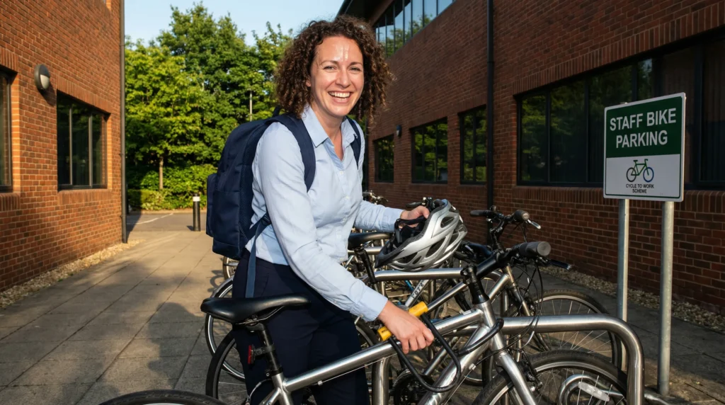 A smiling female professional holding a helmet while locking her bicycle at a company bike rack, illustrating how UK SMEs are rethinking employee benefits and wellness initiatives like the cycle-to-work scheme in 2026.