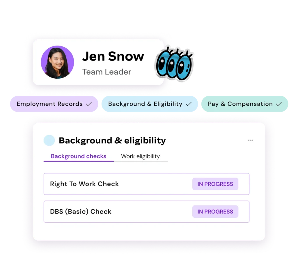Profile of Jen Snow, Team Leader, with tabs: Employment Records, Background & Eligibility, Pay & Compensation. Checks are "In Progress."