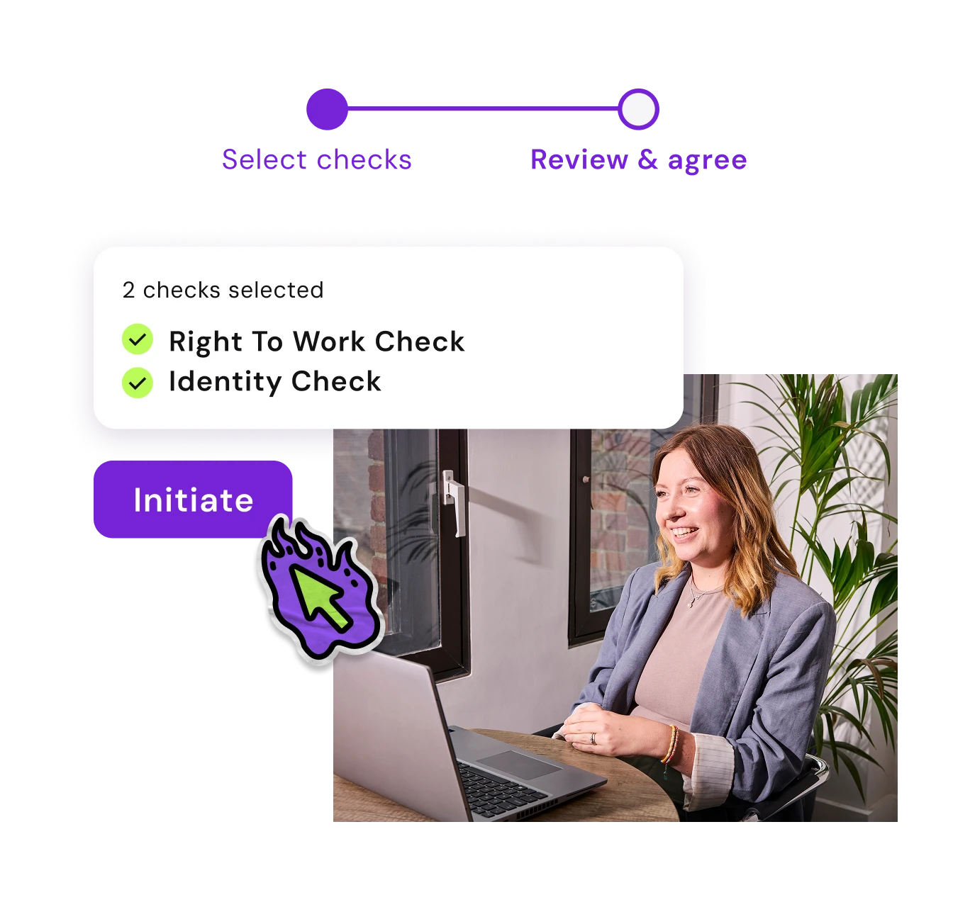 A woman smiles at a laptop in a bright office with plants. Overlay text displays "Right To Work Check" and "Identity Check" with checkmarks. A purple button reads "Initiate."