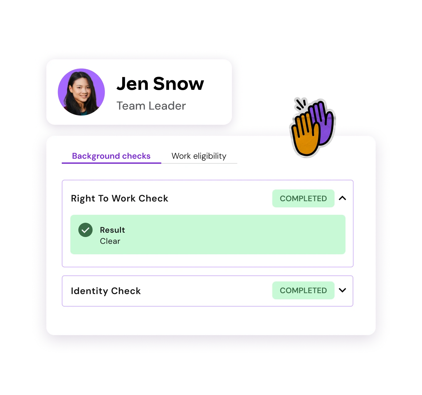 Profile card of a team leader with a completed work eligibility check. A clear result is shown for a Right to Work check, with a celebratory icon.