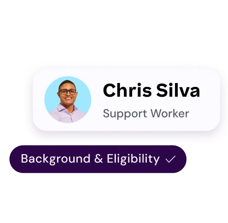 Profile image of a smiling support worker named Chris Silva. Below is a dropdown menu labeled "Background & Eligibility" against a black background.