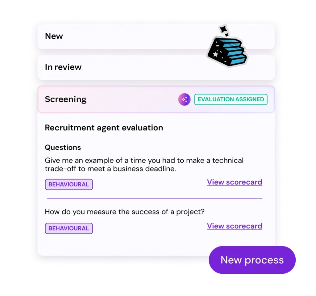 UI mockup of a hiring workflow showing recruitment agent evaluation questions.