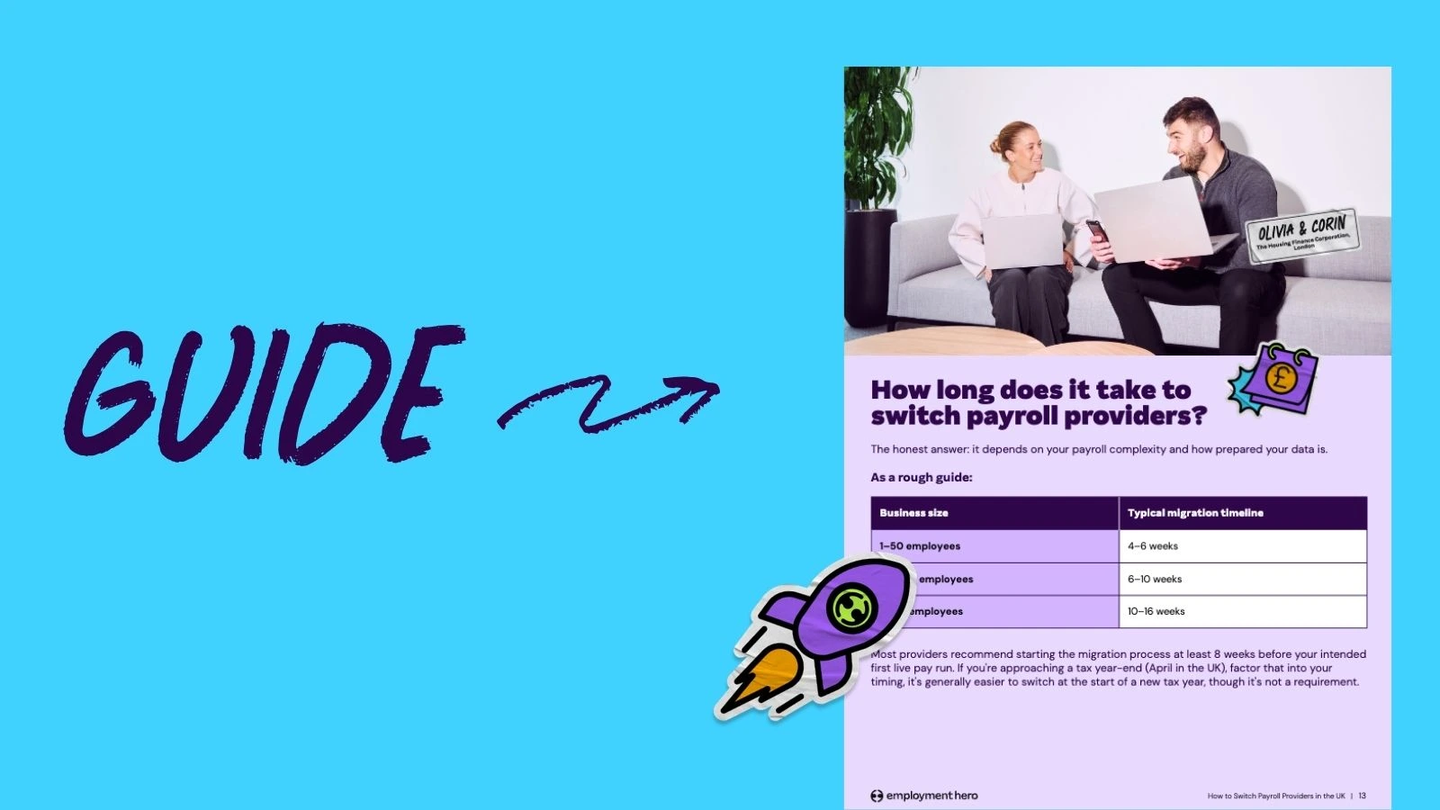 Guide on switching payroll providers, featuring a man and woman discussing documents on a couch and a chart detailing migration timelines.