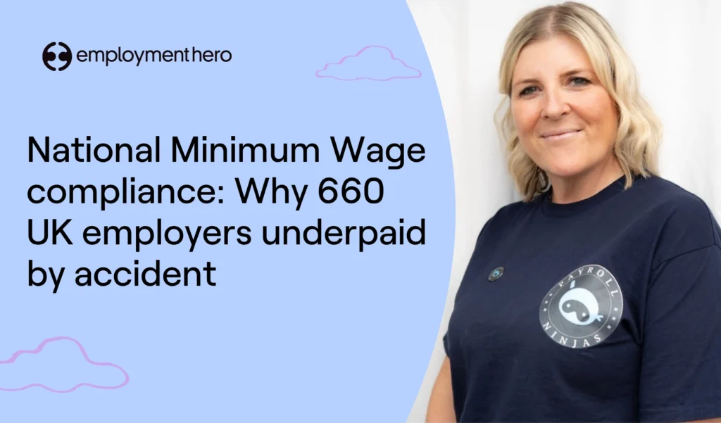 An Employment Hero article graphic featuring a smiling blonde woman in a Payroll Ninjas t-shirt alongside text about UK minimum wage compliance.