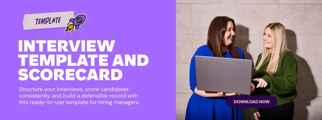Purple banner promoting an "Interview Template and Scorecard" with two women reviewing a laptop and a "Download Now" button.