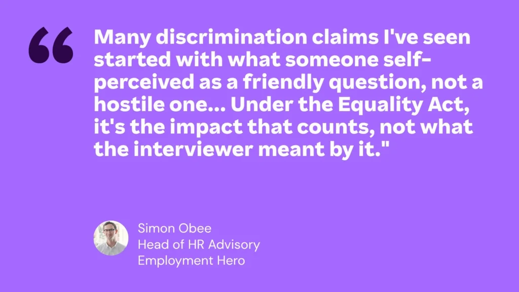 Purple background with a quote from Simon Obee of Employment Hero about discrimination claims under the Equality Act.