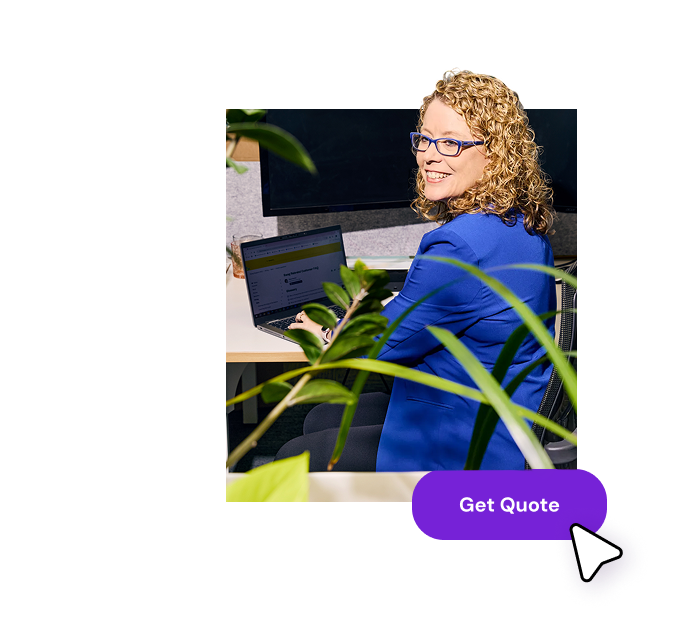An illustrated image about quotes. A smiling woman with curly blonde hair and glasses sits at a computer, overlaid with a purple rectangle.