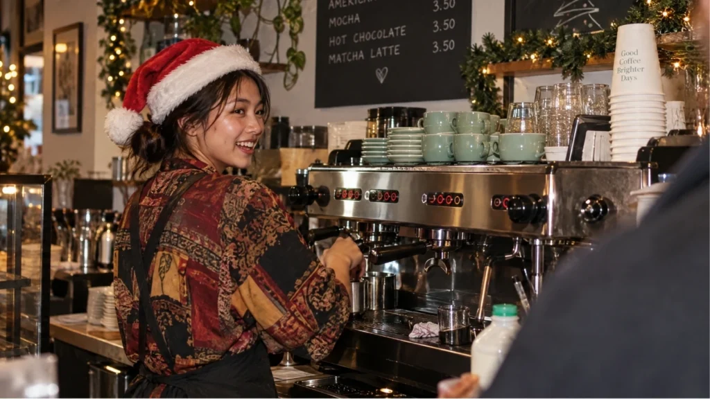 A smiling barista wearing a Santa hat operates an espresso machine behind a coffee shop counter decorated for Christmas.