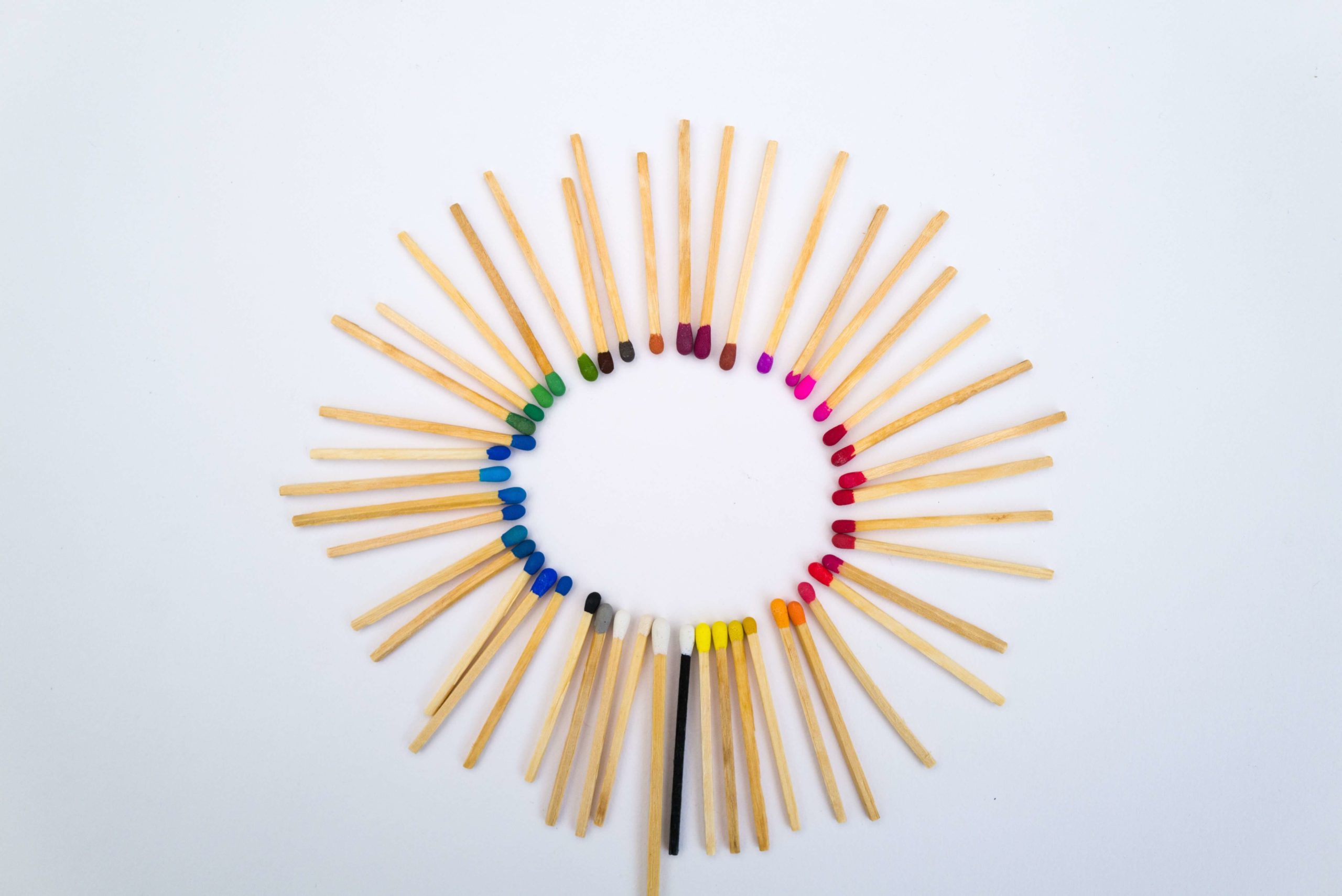 a circular display of colour pencils in rainbow order