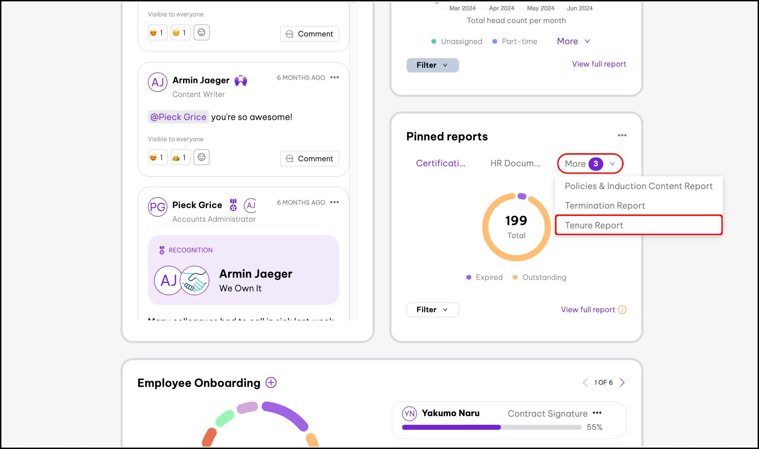 Recognition feed with comments and reactions, alongside the pinned reports widget displaying options to view policies, termination, and tenure reports