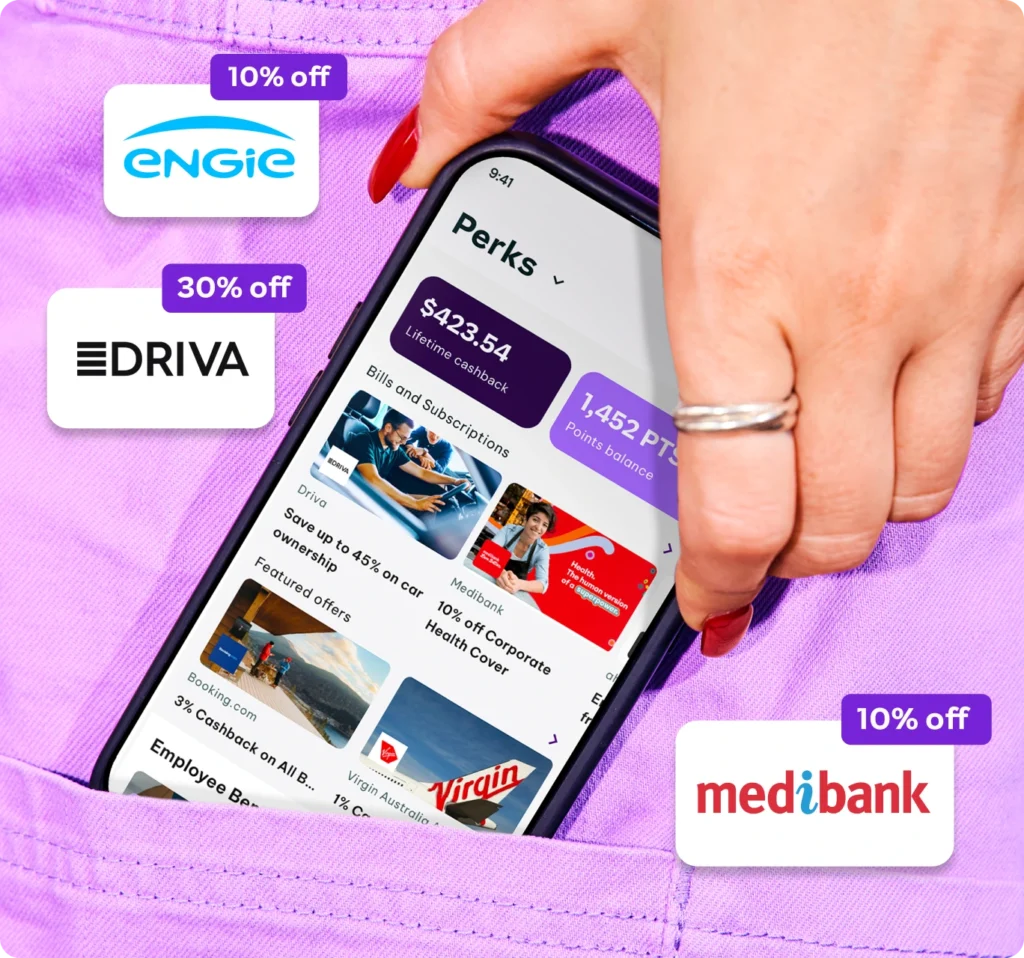 Hand with red nails holds a smartphone displaying a perks app and discounts, beside ENGIE, EDRIVA, and Medibank offers on purple fabric.