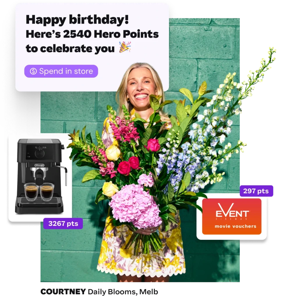 Smiling woman holds a colorful bouquet before a teal brick wall; birthday graphic shows 2540 Hero Points, coffee machine, and movie vouchers.