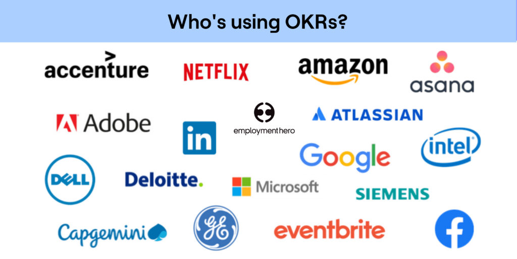 Companies using OKRs with logos including facebook and google.