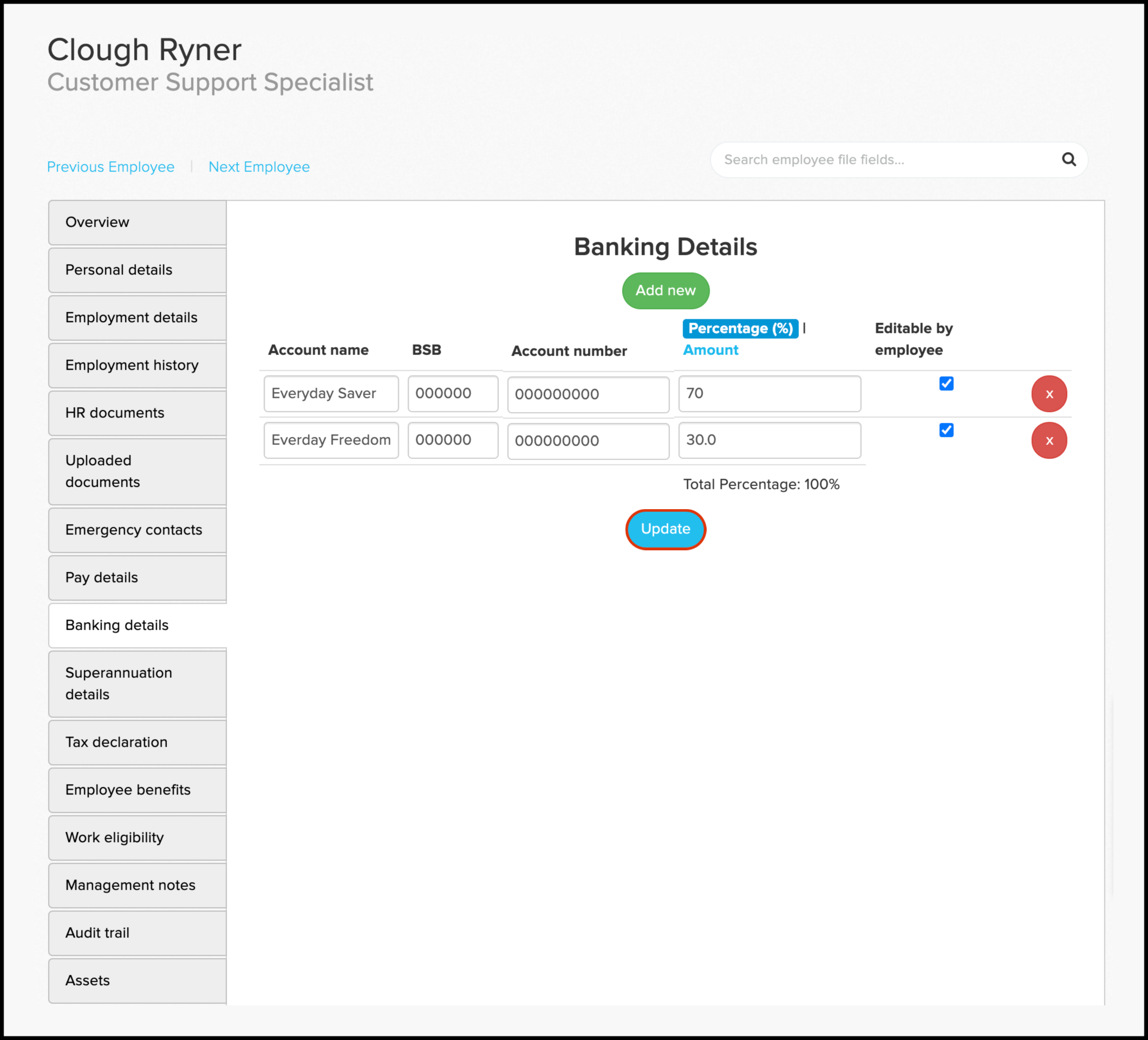 Editing bank details in Employment Hero