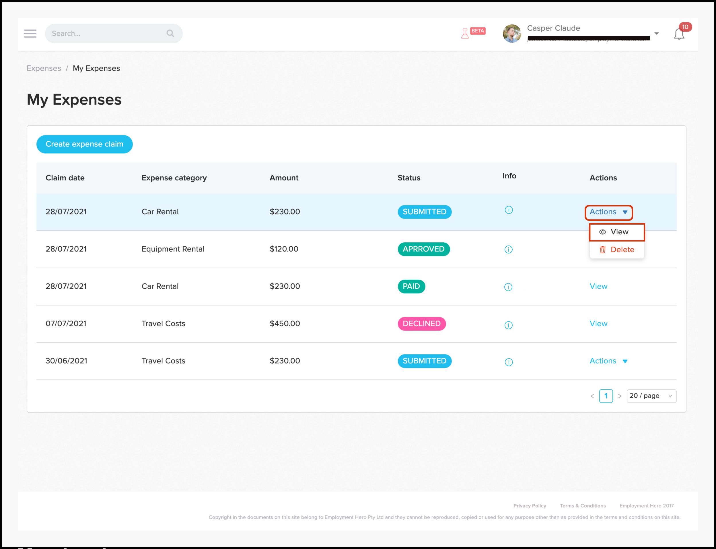Submitted expense claims on Employment Hero