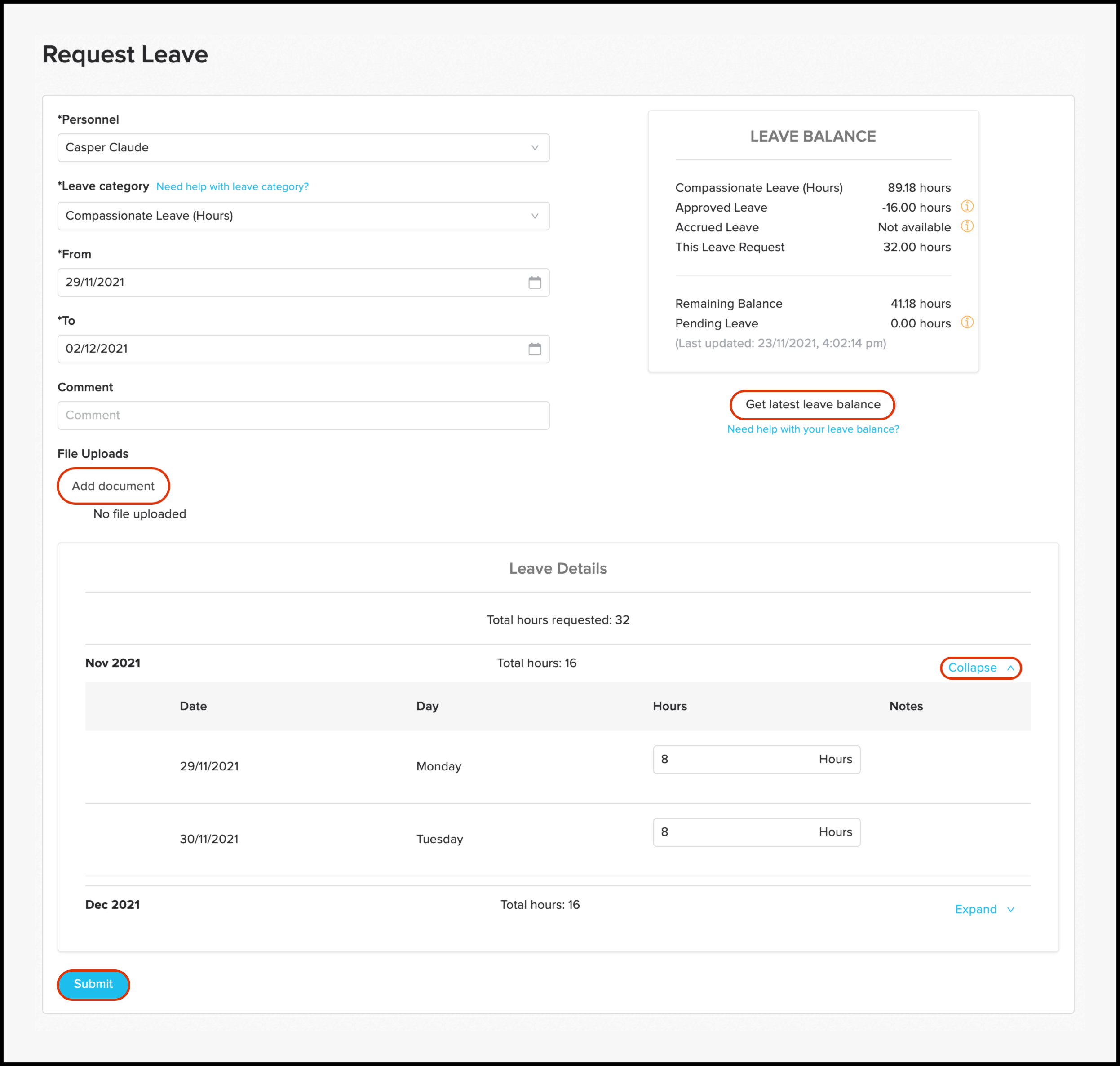 A leave request form on Employment Hero