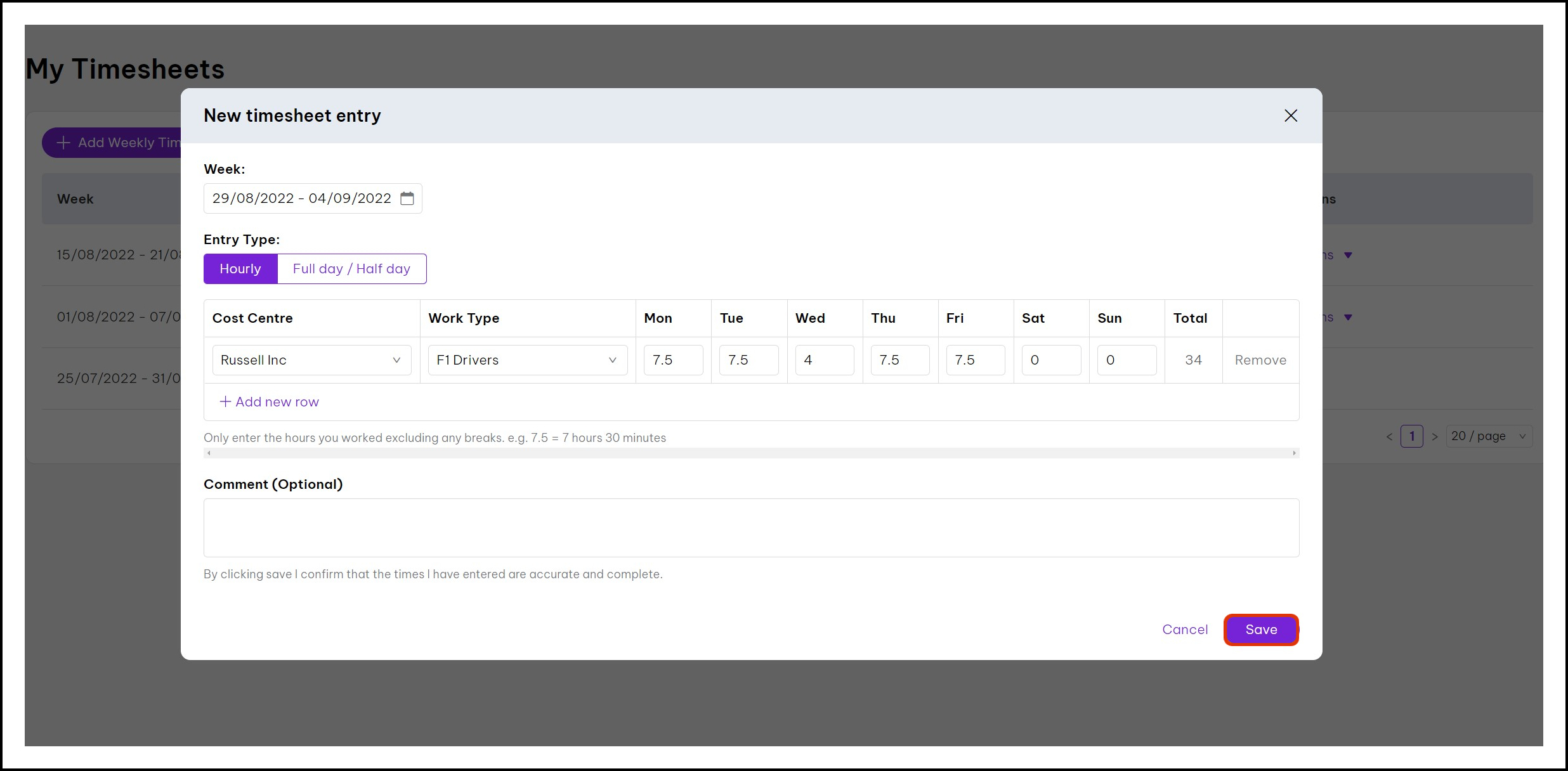 Making a timesheet entry on Employment Hero