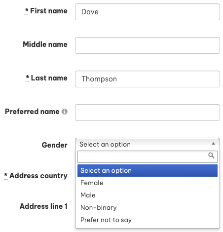 Employment Hero's gender selection when setting up employee profiles