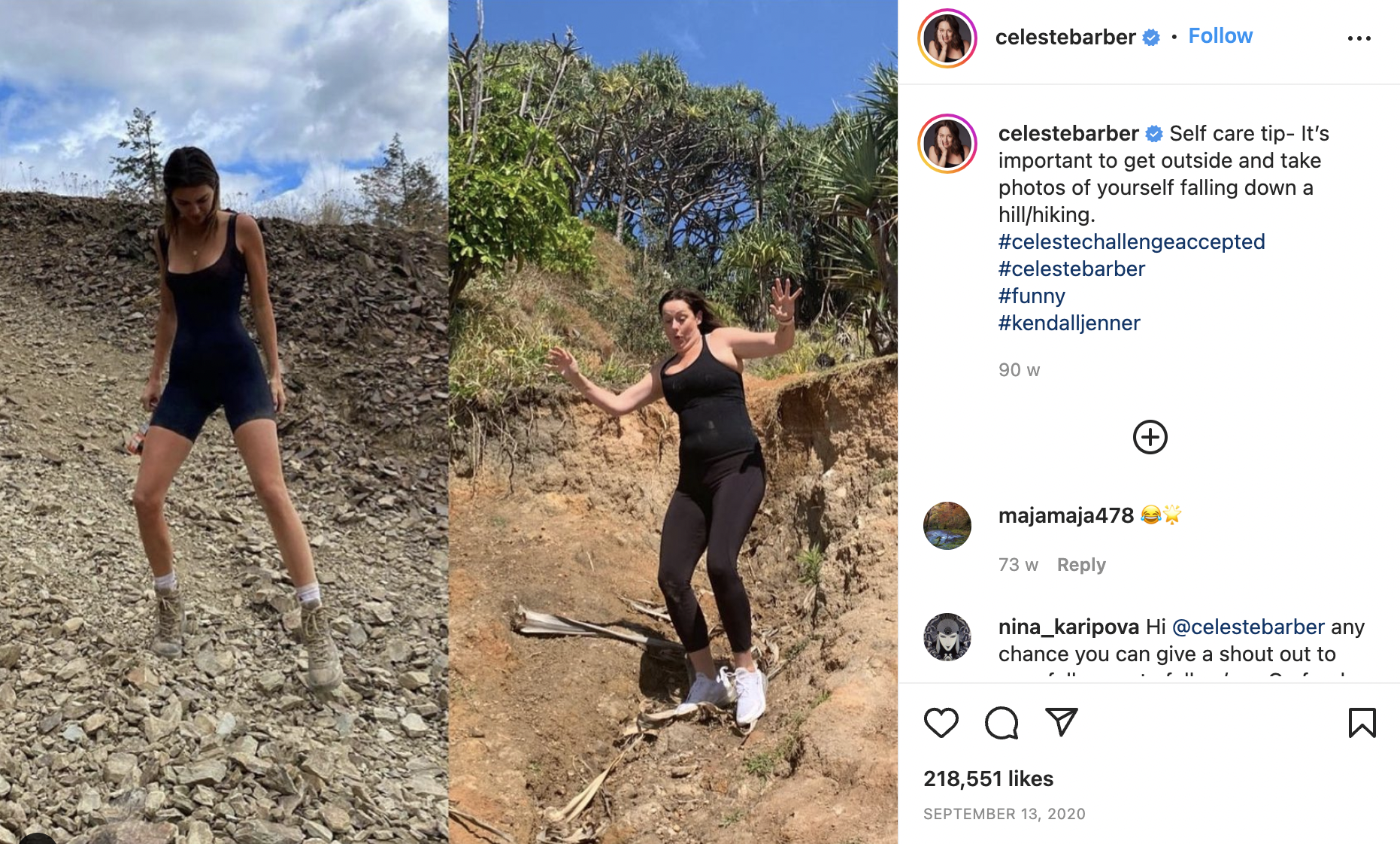 Celeste Barber Instagram post, showing Celeste imitating a picture of Kendall Jenner hiking