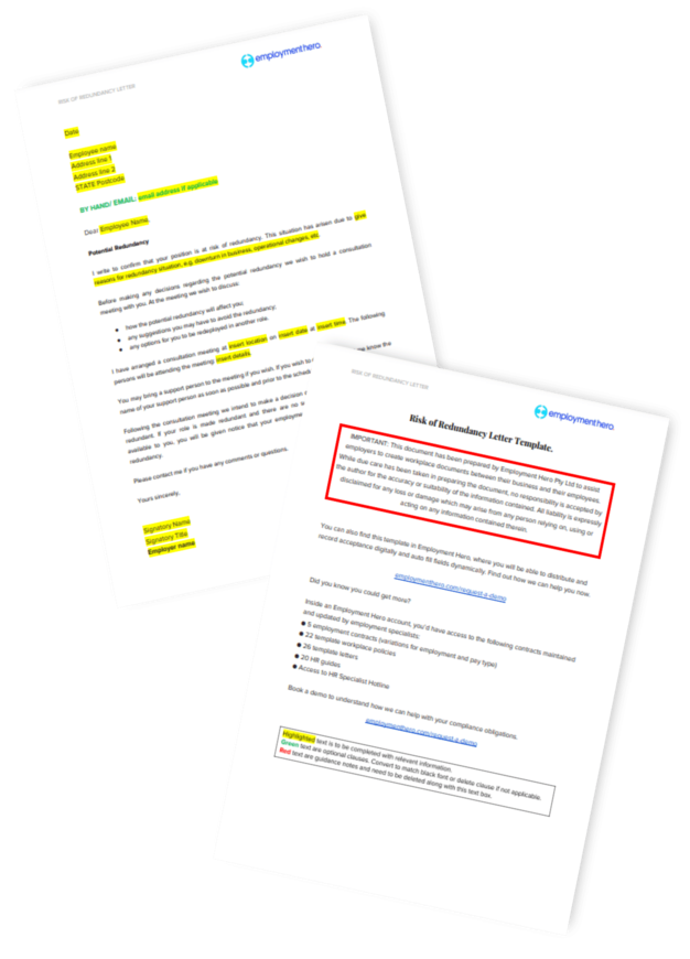 Two pages of an 'At Risk of Redundancy Notice Template' by Employment Hero, with highlighted sections for employer customization and detailed instructions for notifying employees